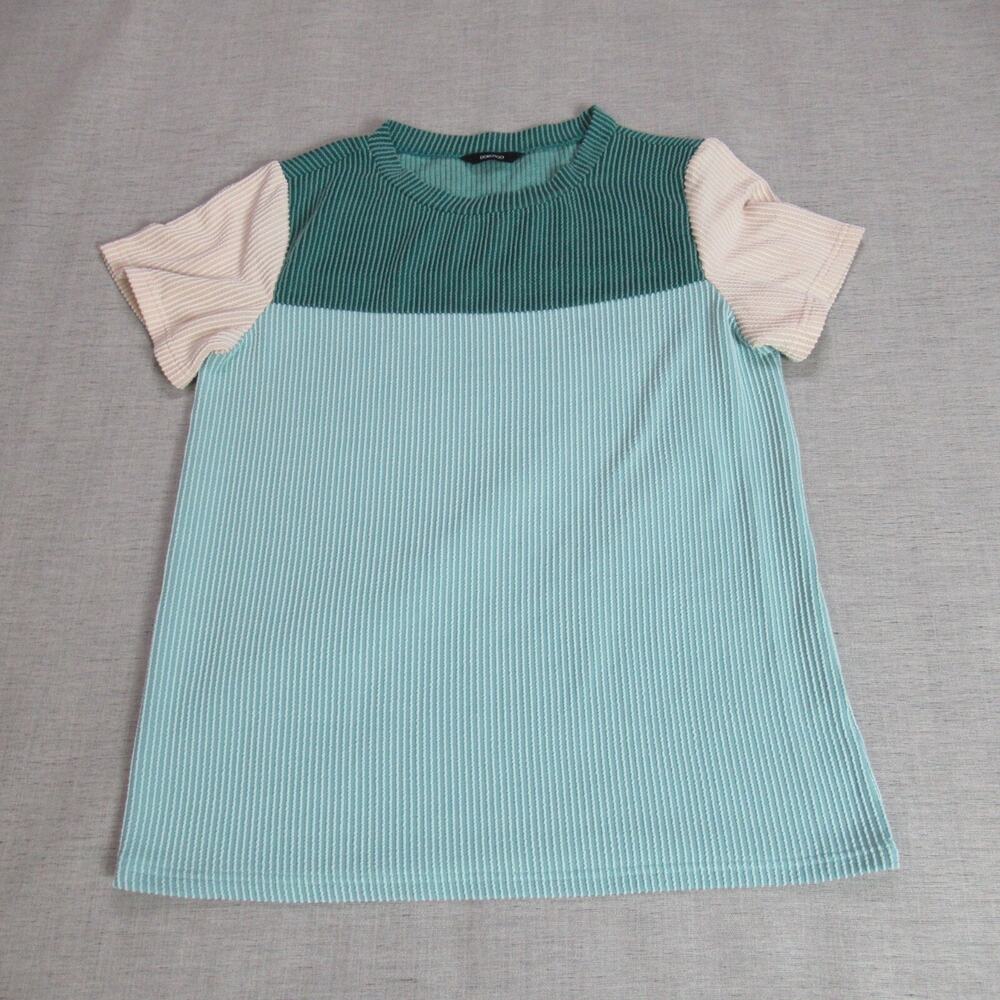 Dokotoo Top Women Medium Blue Colorblock Short Sleeve Cottagecore Hipster Blouse